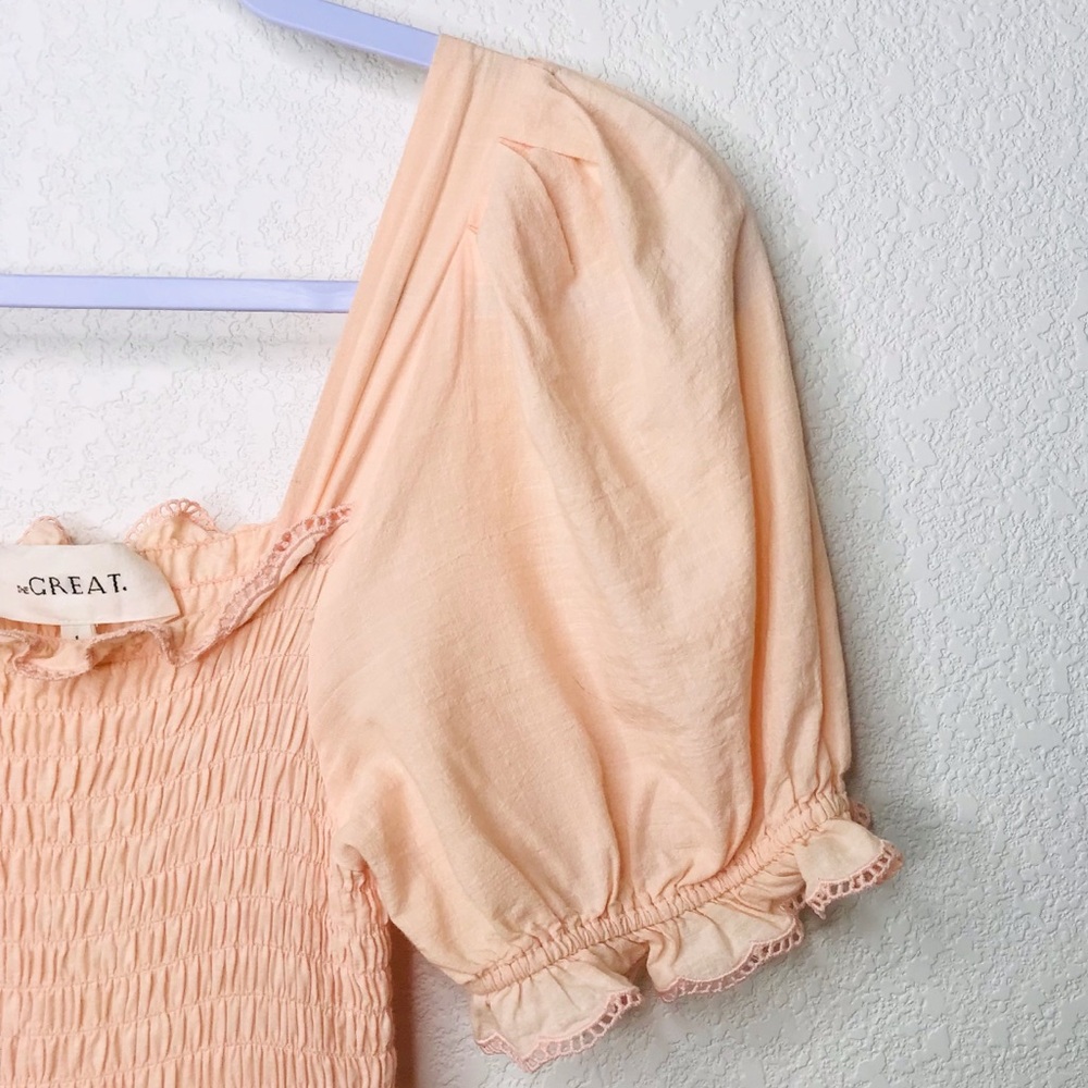 THE GREAT. The Scallop Savanna Dress in Light Peach - Picture 8 of 14